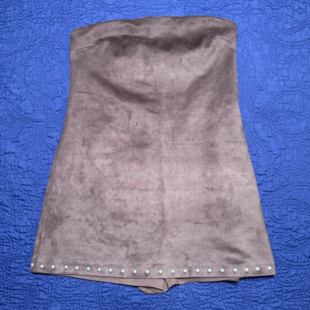 Abercrombie & Fitch Faux Suede Pearl Studded Strapless Skort Romper Brown Medium